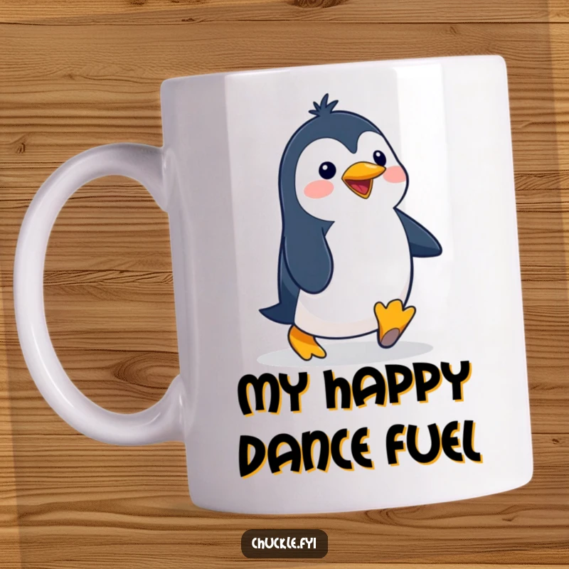 Funny penguin mug with a delighted cartoon character waddling with a silly, exaggerated gait, conveying pure joy and humor.