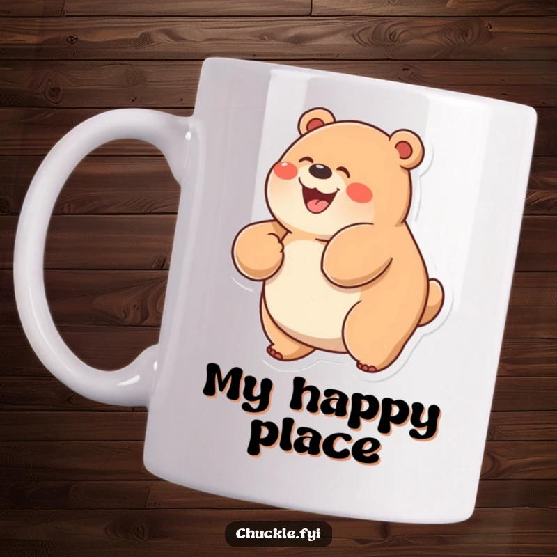 Funny Chubby Bear Mug with a wide grin, rolling on its back in absolute glee, radiating pure happiness.