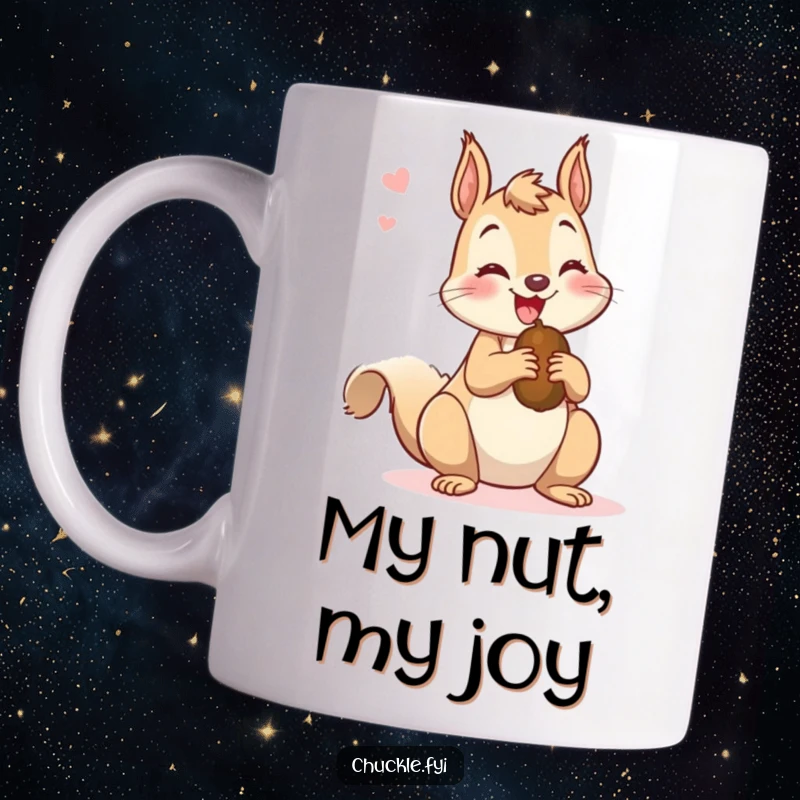 Funny mug featuring a mischievous squirrel chattering happily while holding a nut, expressing playful energy and resourcefulness.