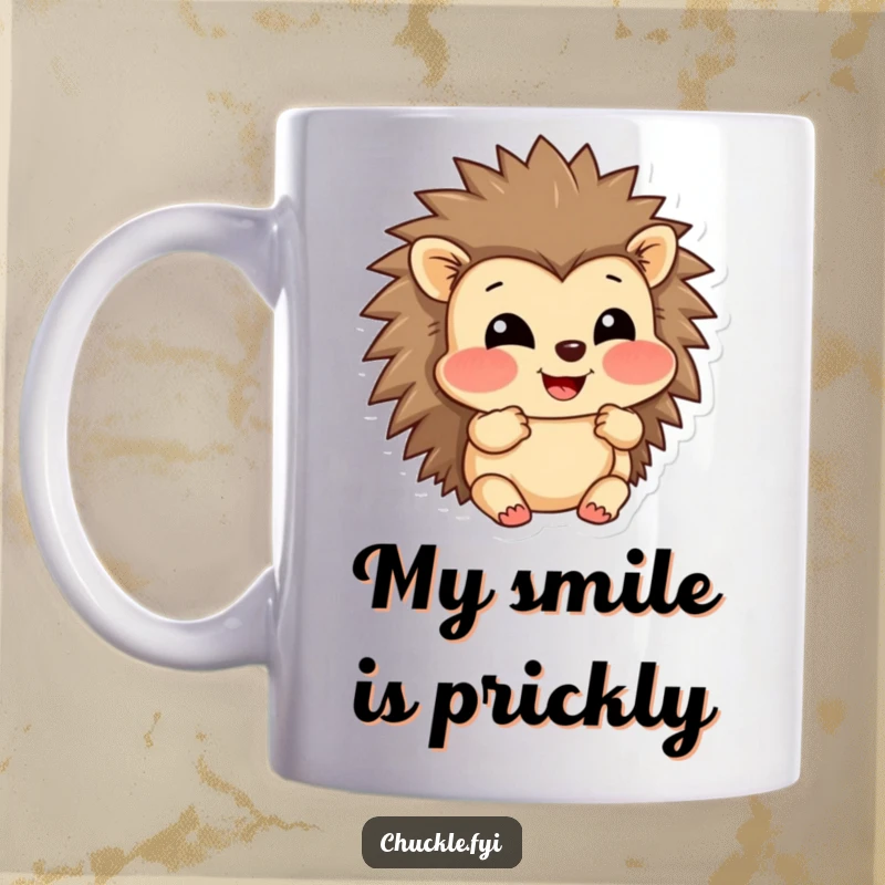 Funny mug showing a grinning hedgehog character puffing out its cheeks with a look of pure amusement and slight surprise.