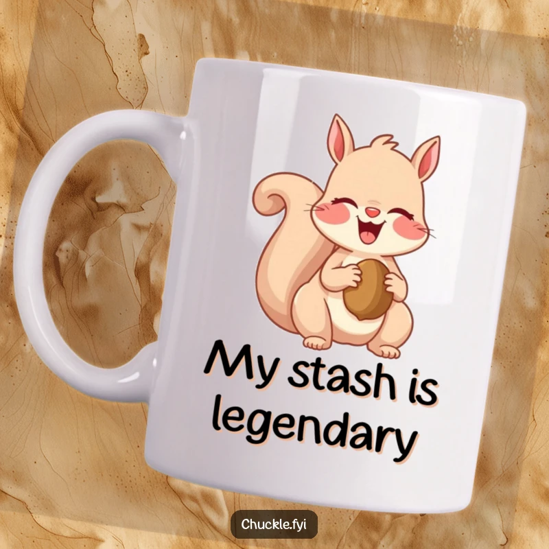 Funny mug featuring a playful squirrel giggling gleefully while clutching a prized nut, radiating pure joy and silliness.