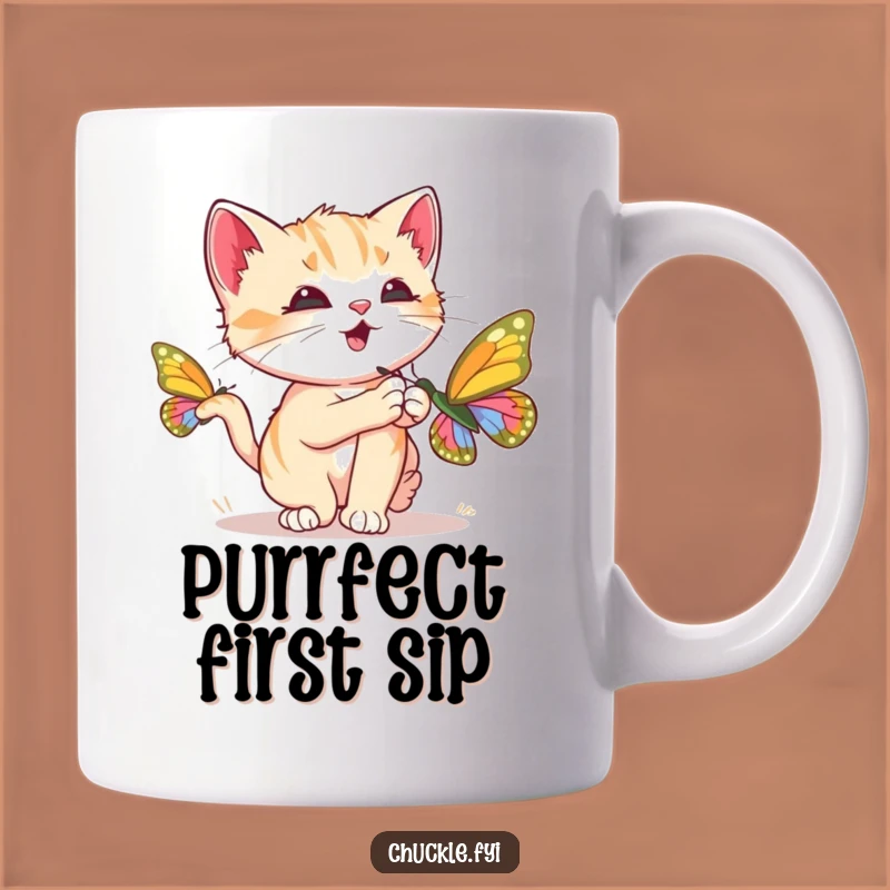 Funny Kitten Mug: Butterfly Chase, Purring Joy, Perfect Funny Gift