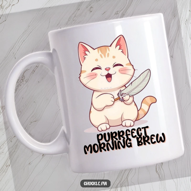 Funny mug showing a contented cat character purring enthusiastically while playfully batting at a dangling feather toy with its paw.