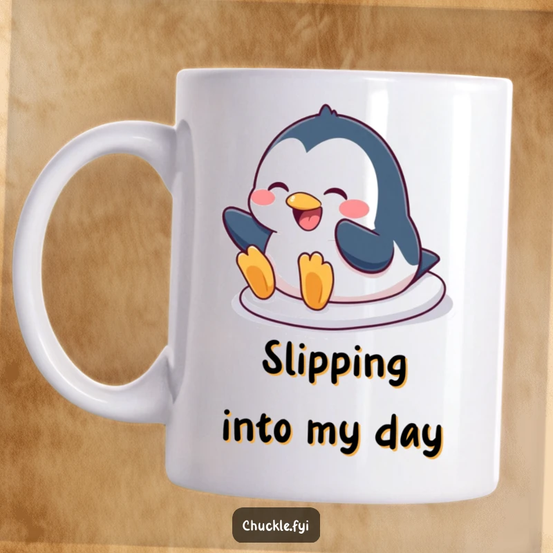 Funny penguin mug featuring a character hilariously sliding on its belly with a huge, joyful grin, capturing pure, unadulterated fun.