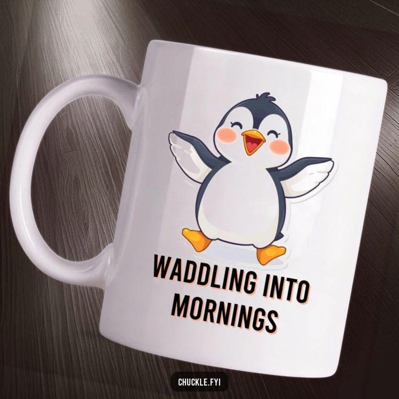 Funny penguin mug featuring a joyful penguin waddling happily with its wings spread wide, perfect for coffee.