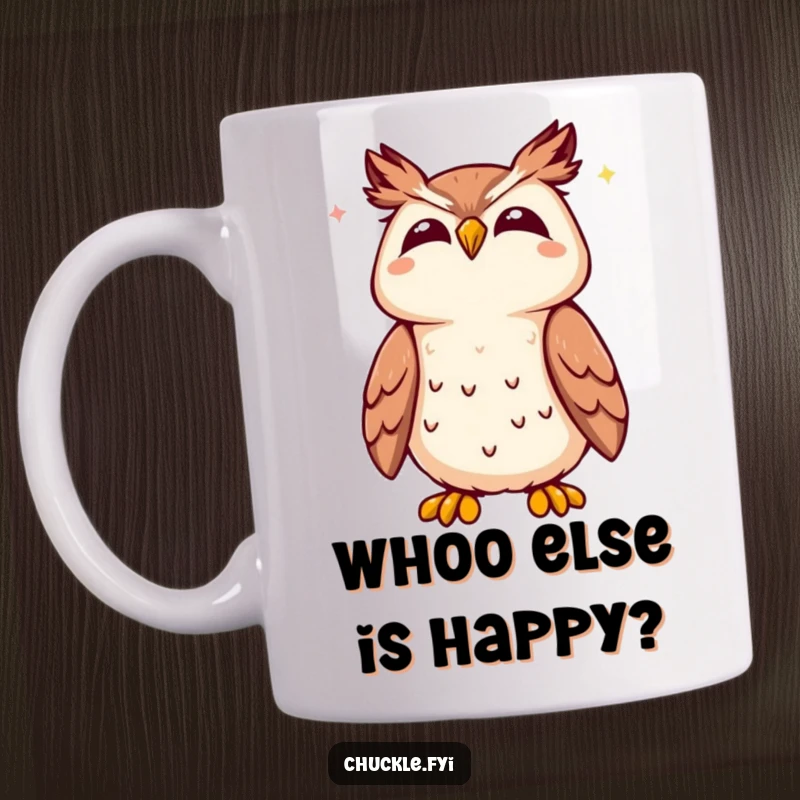 Funny Kawaii owl mug featuring a cute owl tilting its head back, letting out a joyful hoot with eyes closed in delight.