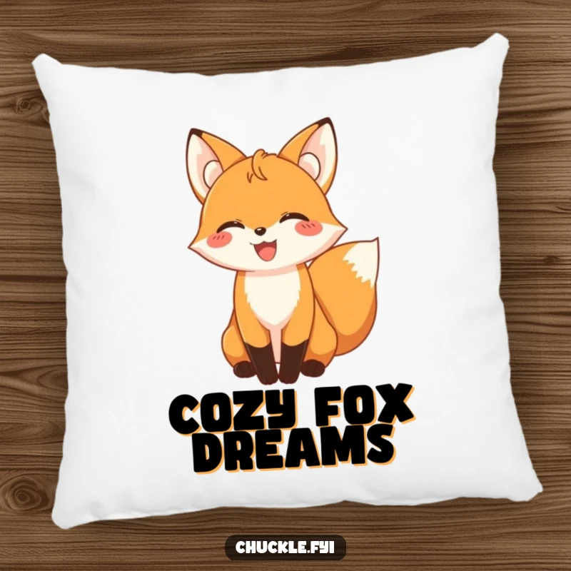 Soft pillow featuring a funny giggling fox character with its tail wagging in pure delight.