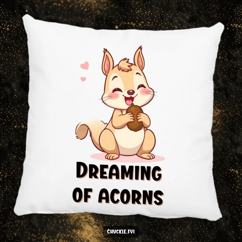 Funny pillow showcasing a mischievous squirrel chattering happily while holding a nut, offering plush comfort and a humorous visual.