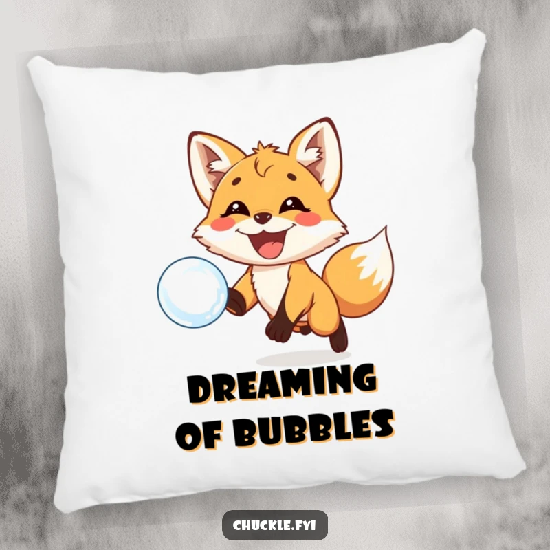 Funny pillow showcasing a playful fox cub with a huge grin eagerly chasing a floating bubble. Softness and fun combined.
