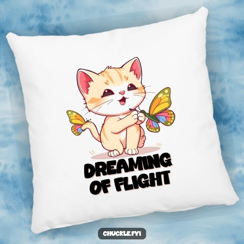 Funny Kitten Pillow featuring a curious kitten chasing a butterfly and purring loudly, soft and cuddly, perfect funny gift for comfort.