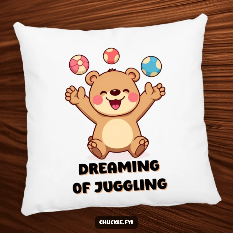 Funny pillow with a cheerful bear character joyfully juggling three colorful balls, a wide smile radiating happiness. Soft and humorous.