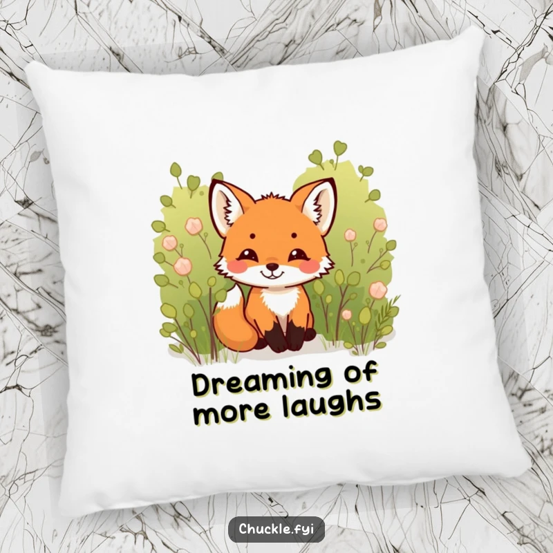 Funny Fox Cub Pillow: A sweet, tiny fox cub peeking from behind a bush, its eyes twinkling with a silent, happy chuckle.