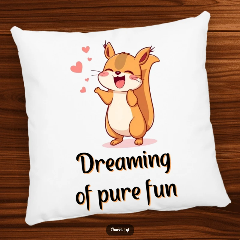 Funny Kawaii squirrel pillow featuring a cute squirrel chattering enthusiastically, jumping with amusement, perfect for cozying up.