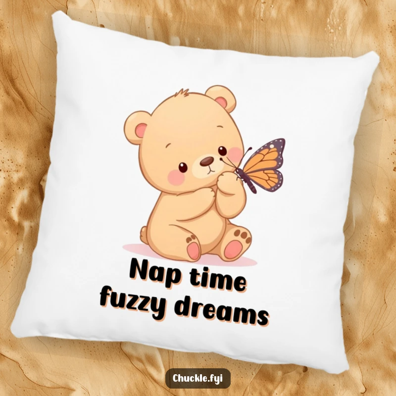 Funny pillow displaying a tender bear cub tickling a butterfly with its paw, offering comfort and a beautiful, gentle scene.