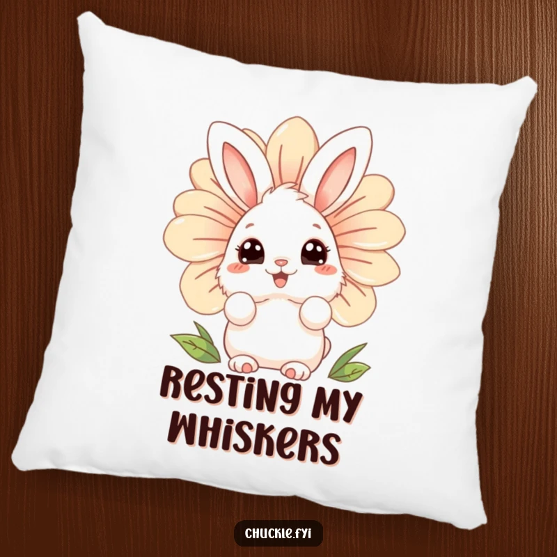Funny fluffy bunny pillow character with wide, curious eyes, peeking from behind a giant, laughing flower, soft and decorative.