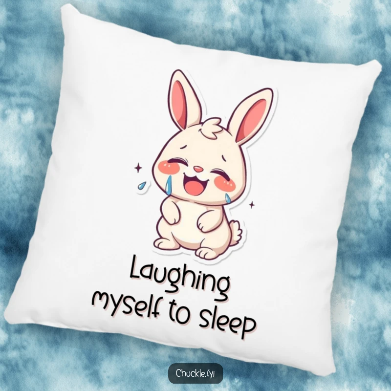 Funny kawaii bunny giggling uncontrollably, tears of joy streaming, printed on a soft, decorative pillow, full of happiness.