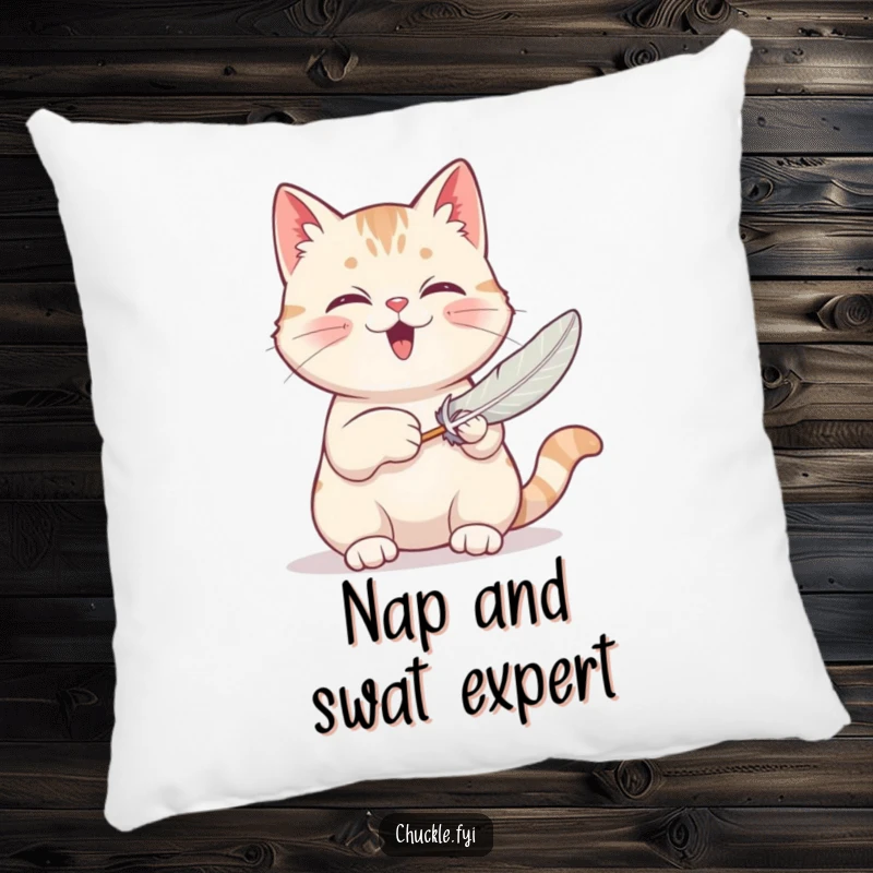 Funny pillow with a contented cat purring loudly while batting at a feather toy, offering comfort and playful charm.