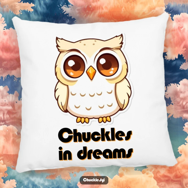 Funny Curious Owl Pillow showing a wise owl with sparkling eyes, softly chuckling, soft and intelligent.