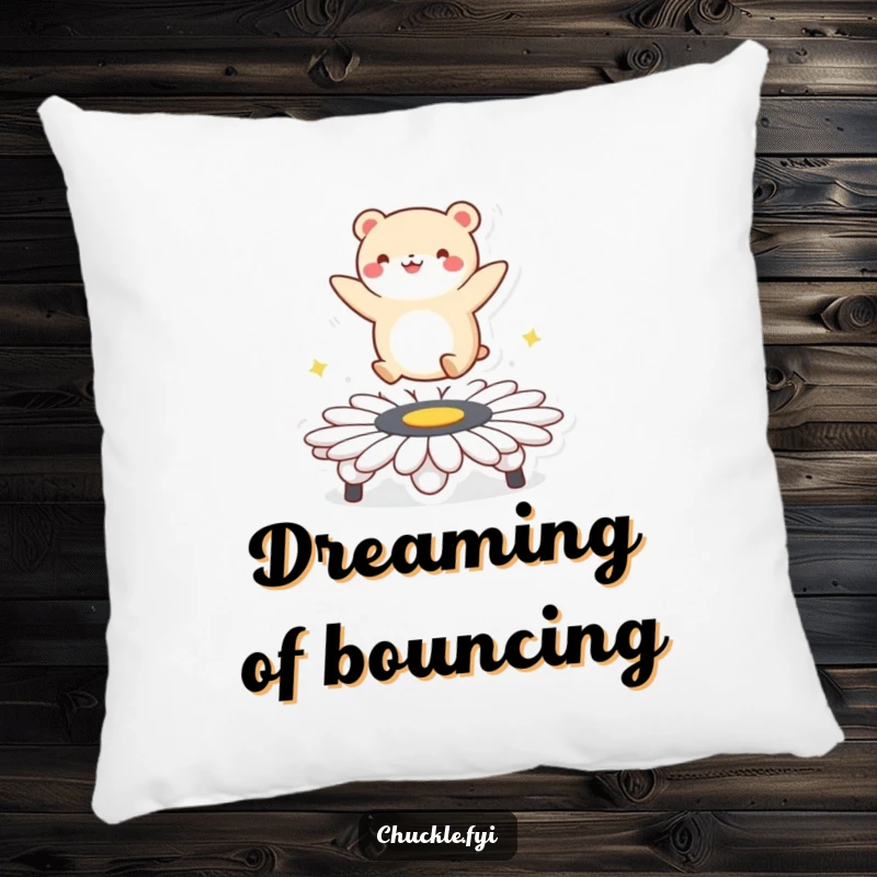 Funny pillow showcasing a round animal character joyfully bouncing on a daisy trampoline, bringing a sense of playful energy and comfort.