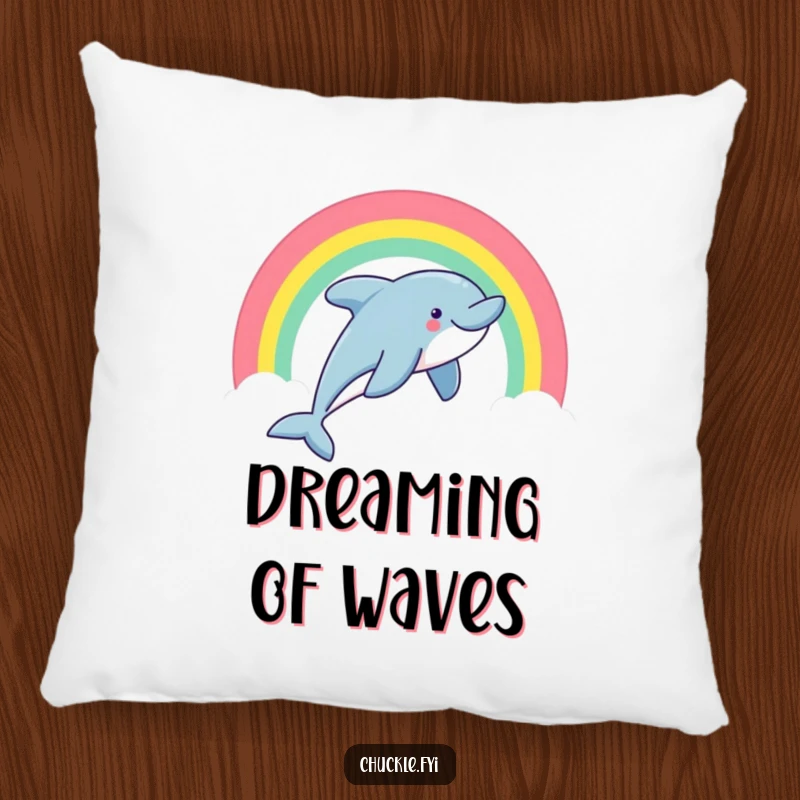 Funny dolphin pillow featuring a happy dolphin leaping through a rainbow, soft and decorative.