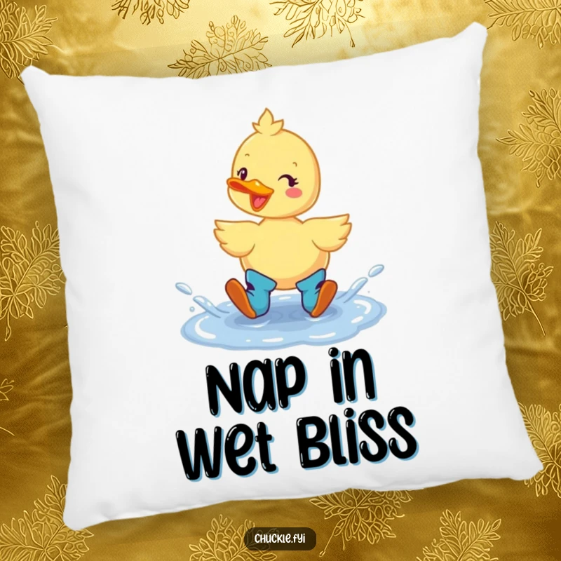 Funny Duck Boots Pillow: A cheerful duck wearing boots, joyfully splashing in a puddle, offering comfort and humor.