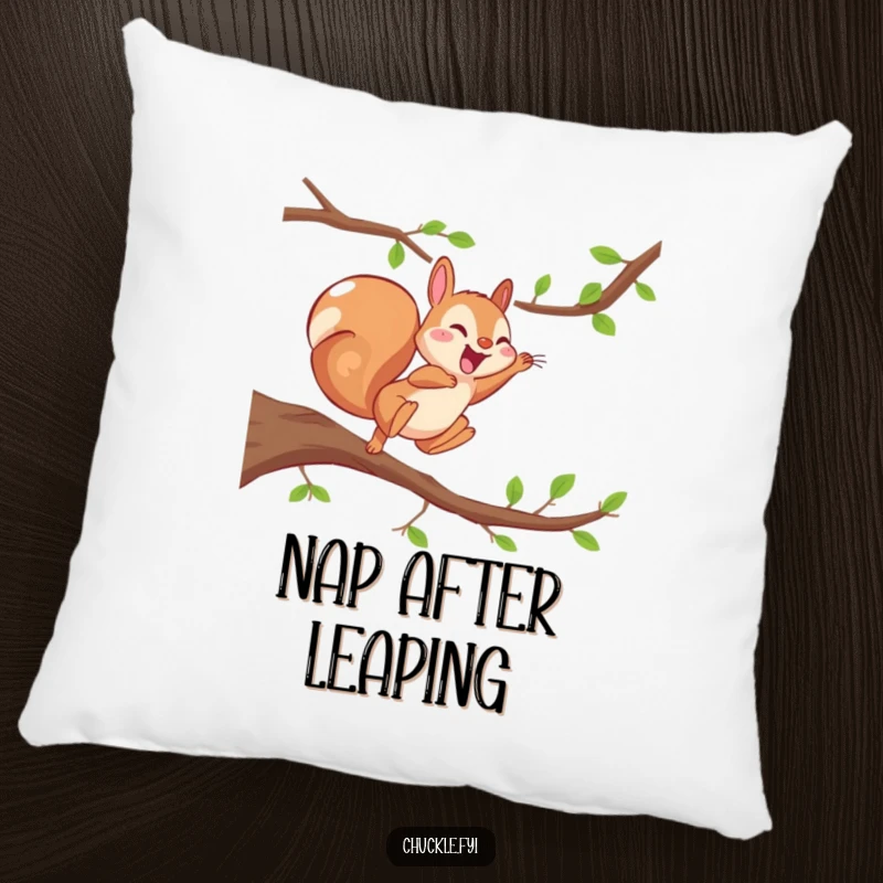 Funny Energetic Squirrel Pillow showing a squirrel mid-leap, giggling with pure joy, soft and full of life.