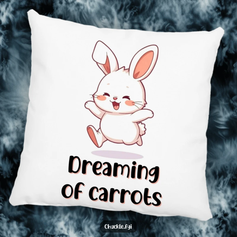 Funny Fluffy Bunny Pillow featuring a character hopping with pure delight, ears flopping, soft and cuddly, perfect funny gift for comfort.