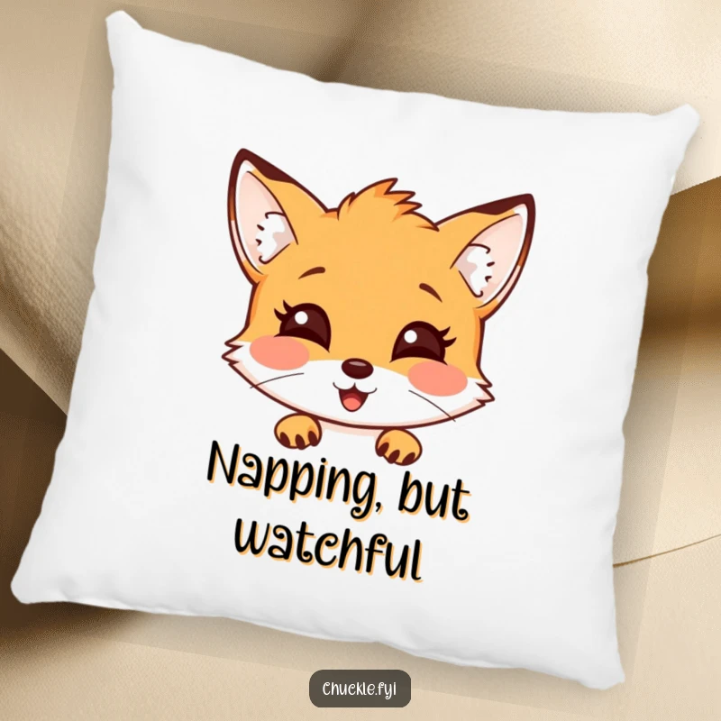 Funny fox pillow featuring a curious fox with a delighted expression, peeking out, perfect for decor.