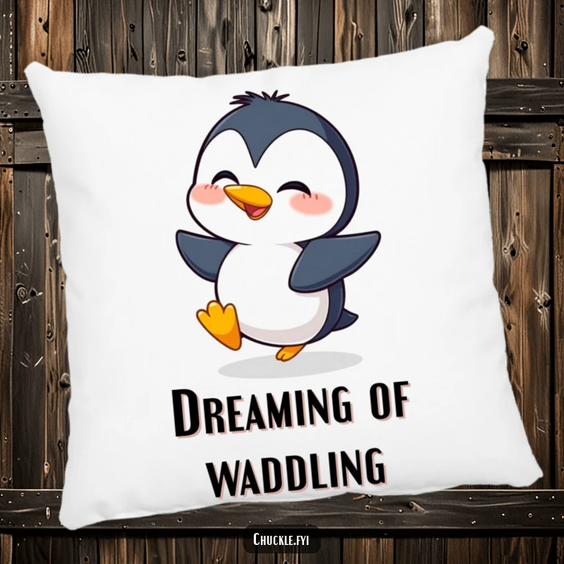 Funny decorative pillow with a giggling penguin character captured mid-waddle, radiating infectious, exaggerated happiness.