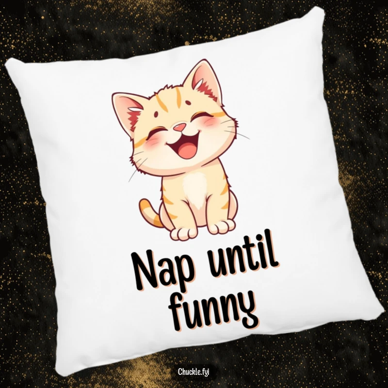 Funny pillow showcasing a happy kitten with perked ears erupting in uncontrollable laughter. Softness meets pure amusement.