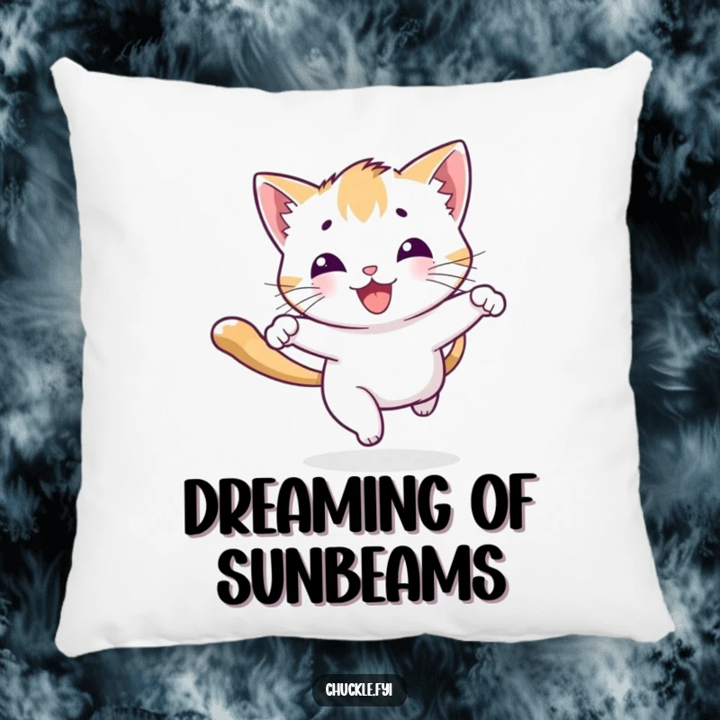 Funny playful kitten pillow character chasing a beam of light with a joyous bounce, soft and decorative.