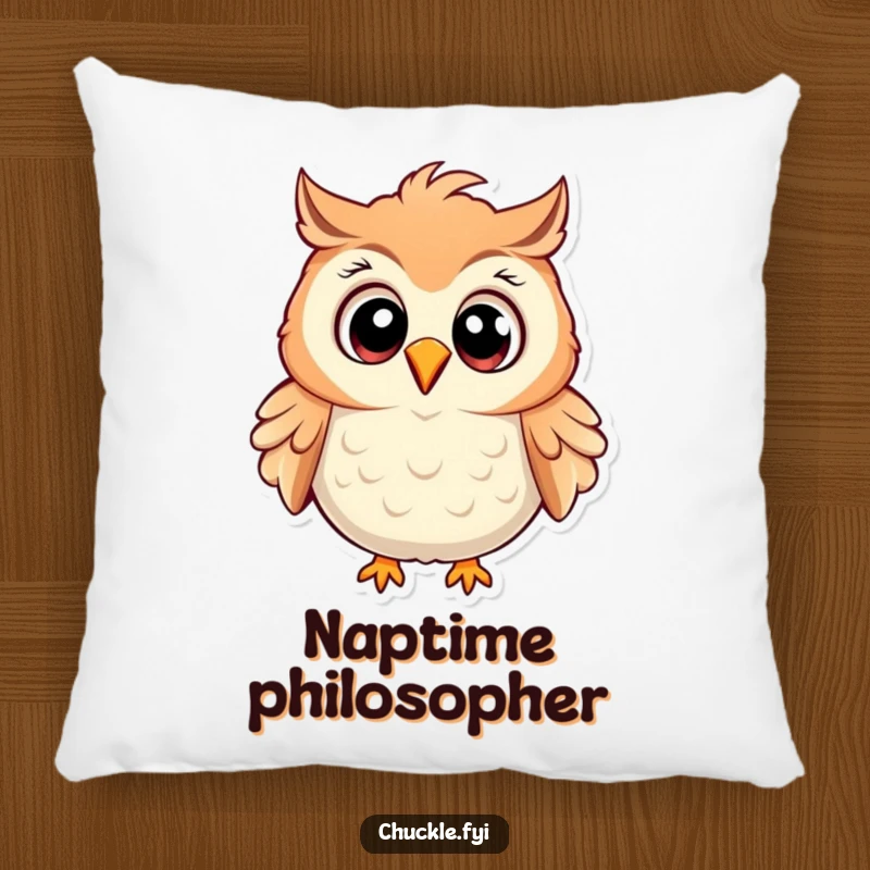 Funny Owl Pillow showcasing a cartoon owl with wide eyes, chuckling heartily, ruffled feathers, providing comfort and humor.