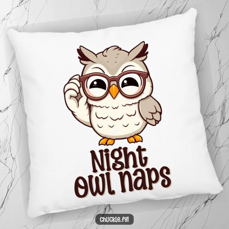 Funny owl pillow with a wise, chuckling cartoon character adjusting its spectacles with a knowing grin, offering soft, intellectual comfort.