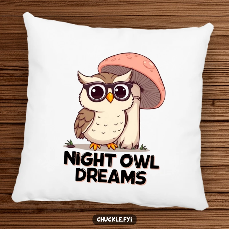 Funny Owl Pillow: A happy owl wearing spectacles, curiously peering at a giant mushroom, offering cozy contemplation.