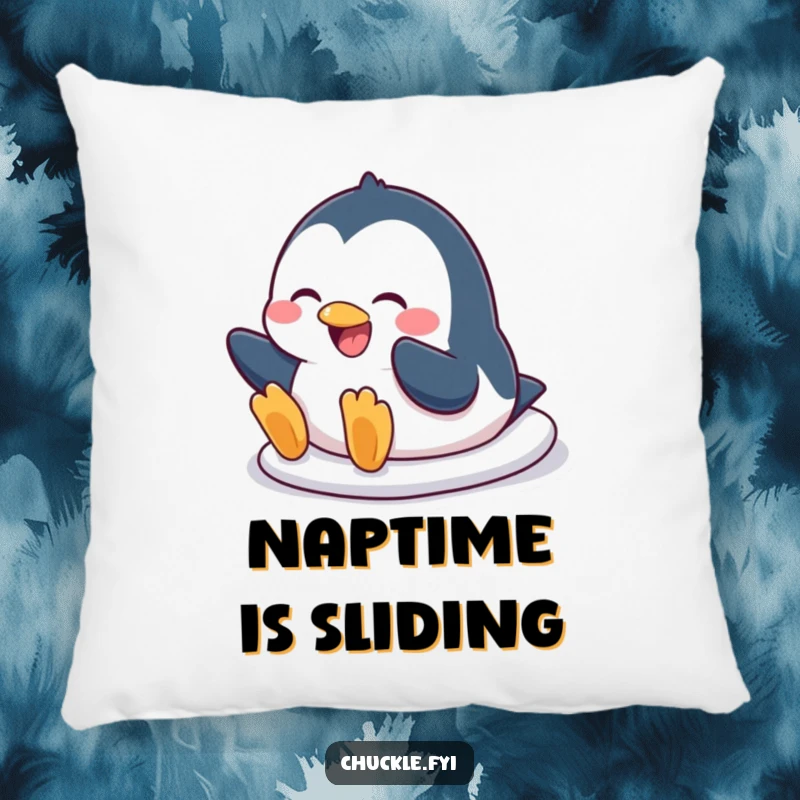 Funny penguin pillow featuring a character mid-belly slide with a wide, joyful grin, offering comfort and hilarious visual appeal.