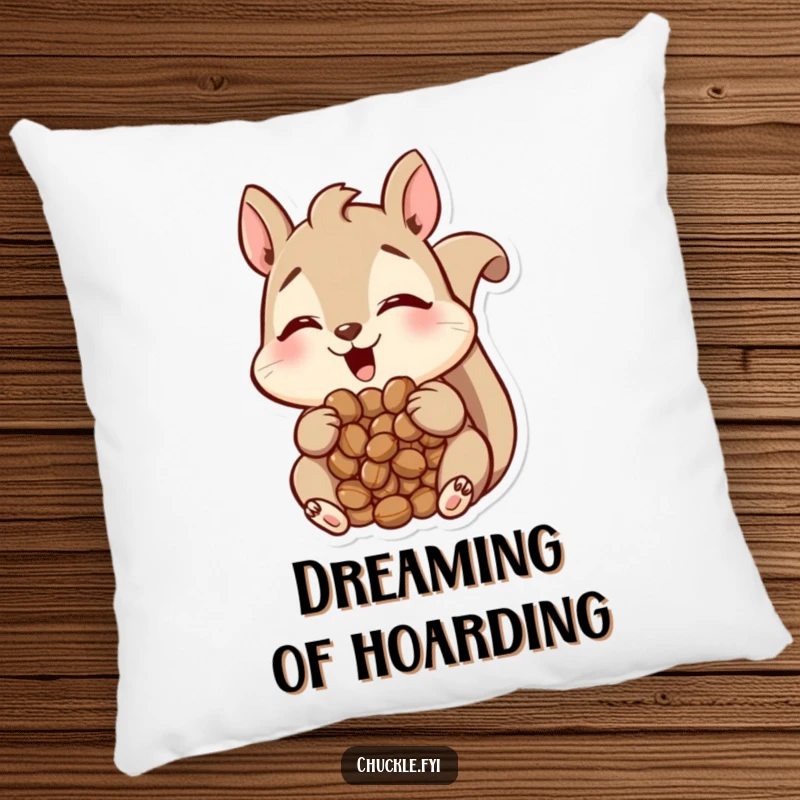 Funny Squirrel Pillow featuring a happy squirrel with a mouth full of nuts, looking amused, soft and cuddly, perfect funny gift for comfort.