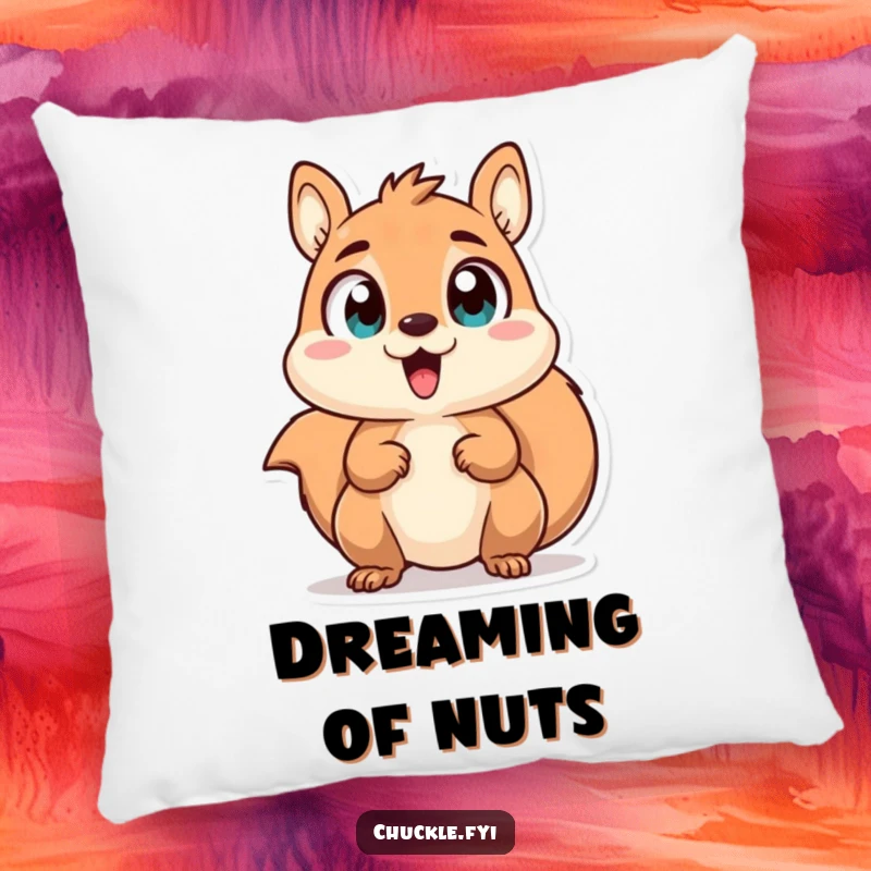 Funny pillow featuring a chattering squirrel character with wide, excited eyes, plush and perfect for energetic comfort.