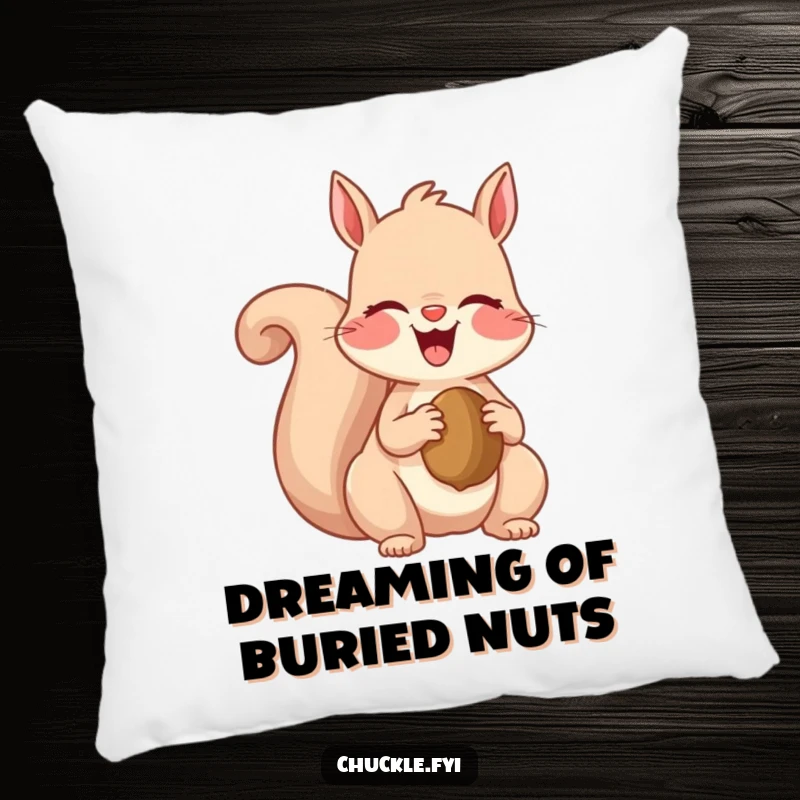 Funny pillow featuring a hilariously happy squirrel giggling while holding a nut, offering a soft and amusing decorative touch.
