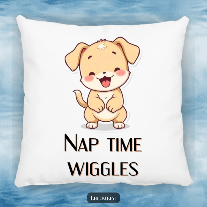 Funny playful puppy character doing a full-body wiggle from happy tail wagging, as a pillow.