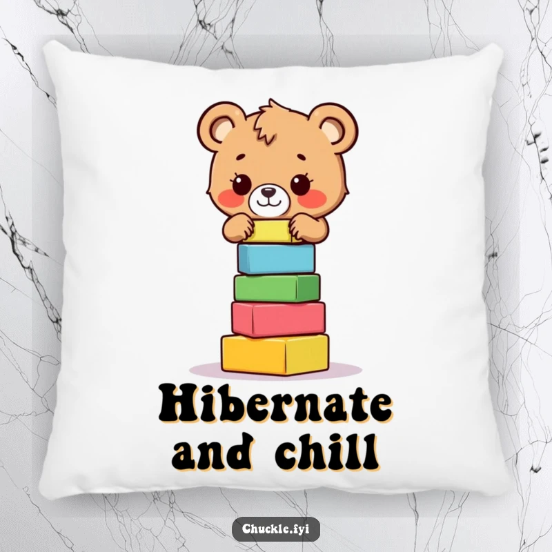 Funny bear cub pillow depicting a cute, brave character bear cub carefully balancing a tower of colorful blocks, soft and cuddly.