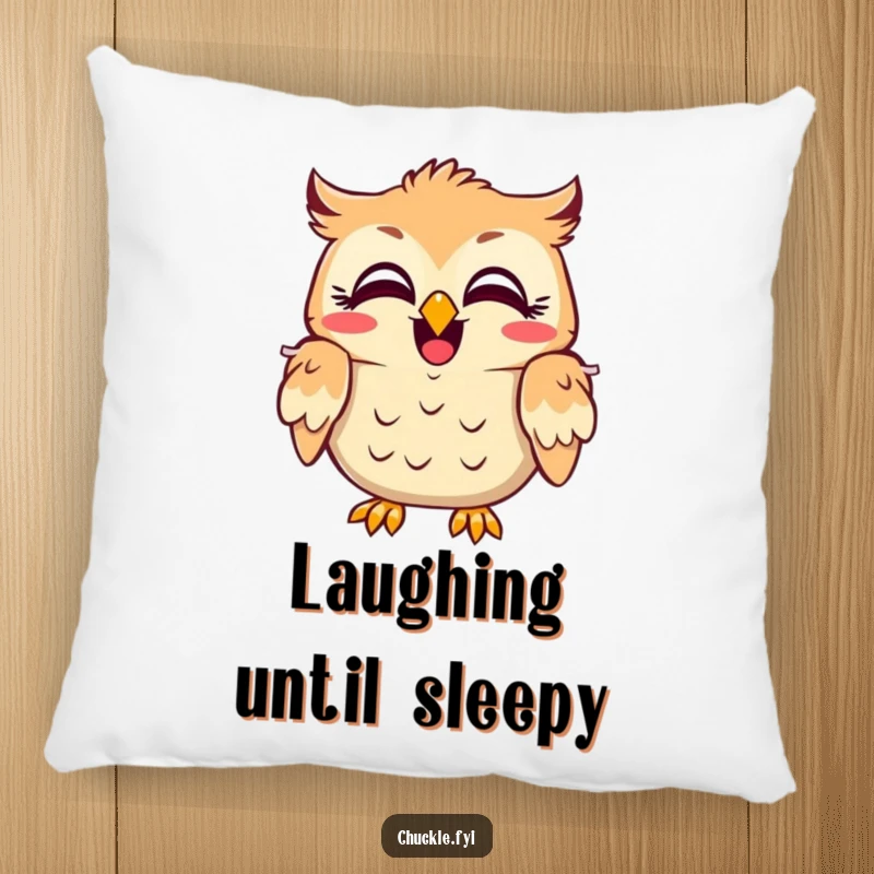 Funny owl pillow featuring a character with wide, amused eyes, head shaking in laughter, offering comfort and hilarious visual appeal.