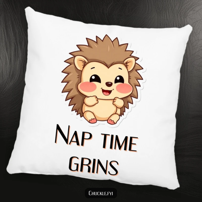Funny pillow with a grinning hedgehog character puffing out its cheeks in amusement, offering comfort and cute charm.