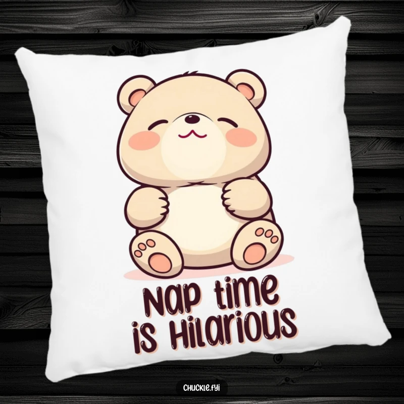 Funny Kawaii bear pillow featuring a cute character holding its stomach and laughing hysterically with eyes shut, perfect for cozy comfort.