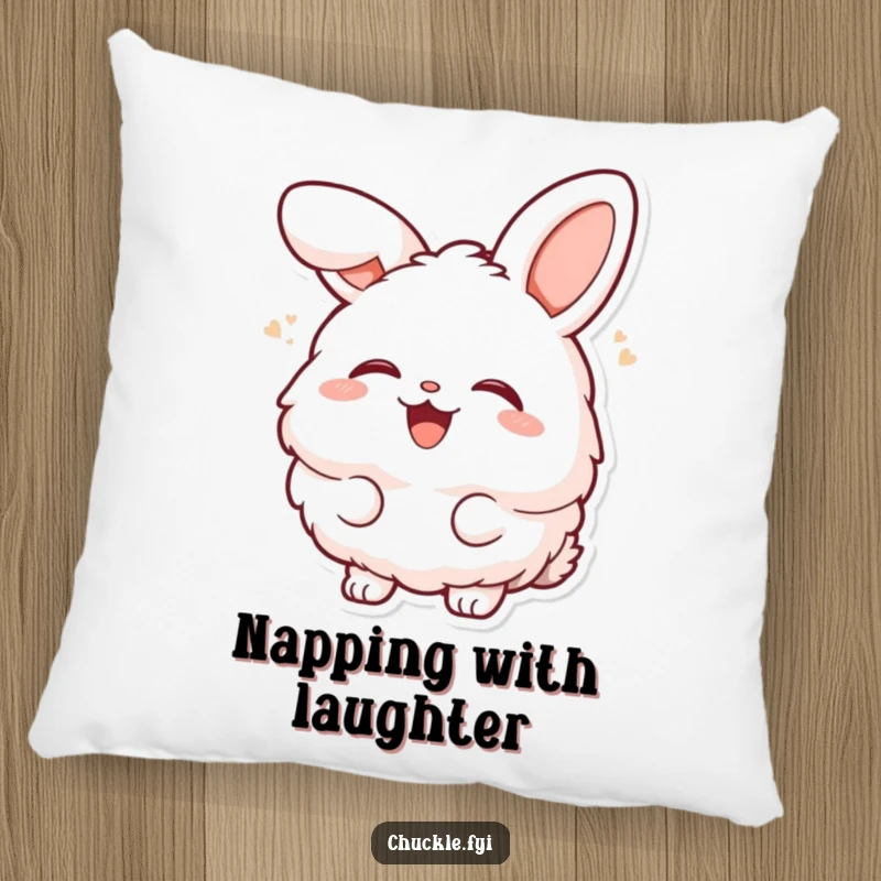 Funny fluffy bunny character laughing heartily with head tilted back on a soft pillow, bringing comfort and joyful amusement.