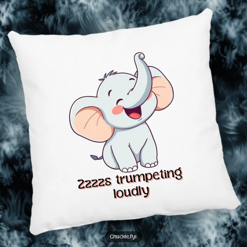Funny pillow featuring a happy elephant character trumpeting with glee, trunk raised high, bringing joyful comfort.
