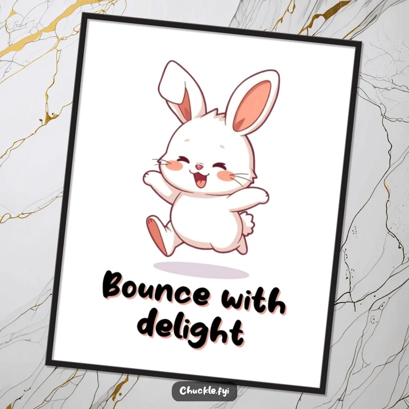 Funny Fluffy Bunny Digital Art Print of a character hopping with energetic delight, ears flopping, instantly downloadable for a humorous touch, funny gift.