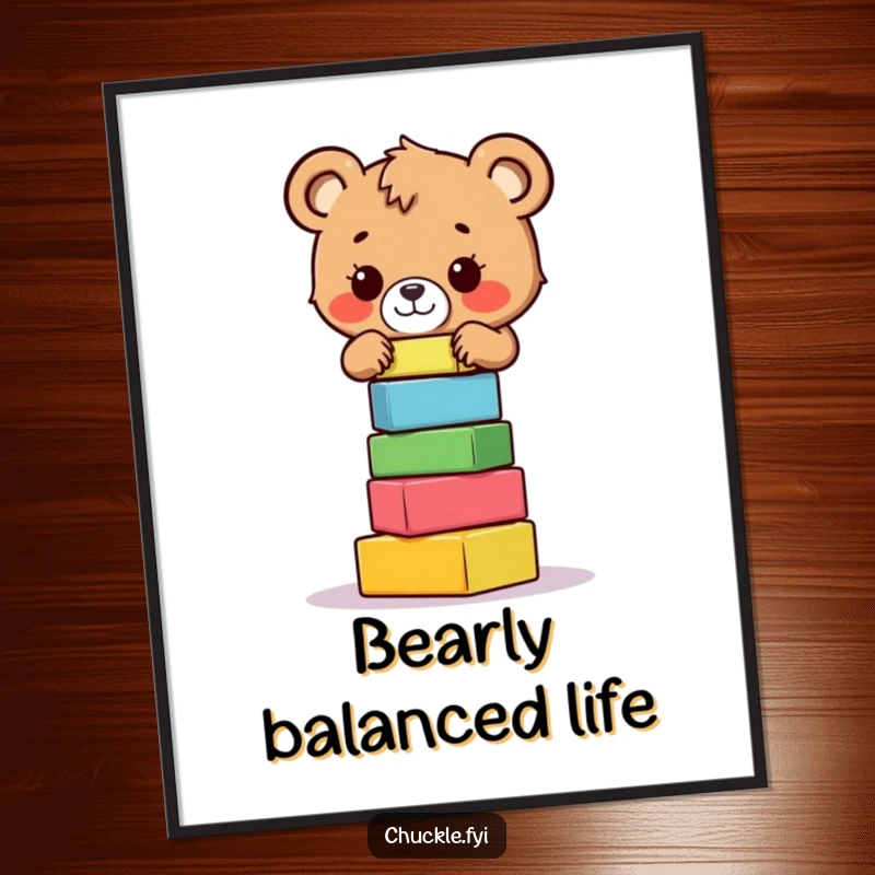 Funny bear cub digital art print of a brave little bear cub concentrating on balancing a precarious stack of colorful blocks.