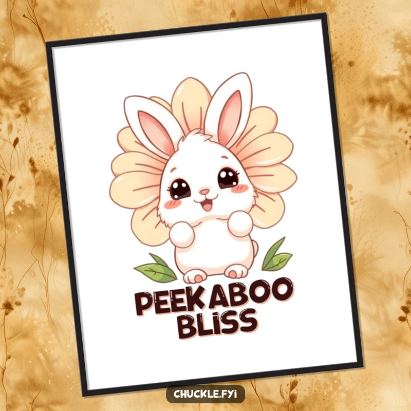 Funny fluffy bunny digital art print character with wide, curious eyes, peeking from behind a giant, laughing flower, whimsical digital art.