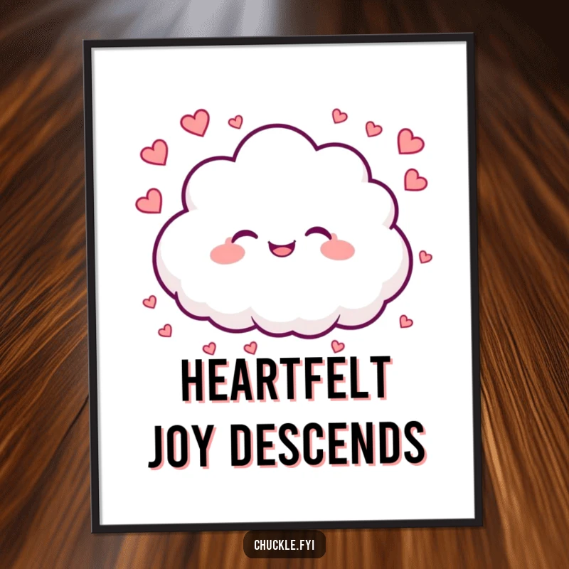 Funny digital art print of a fluffy cloud character joyfully raining tiny heart shapes, bringing sweet love and happiness to any display.