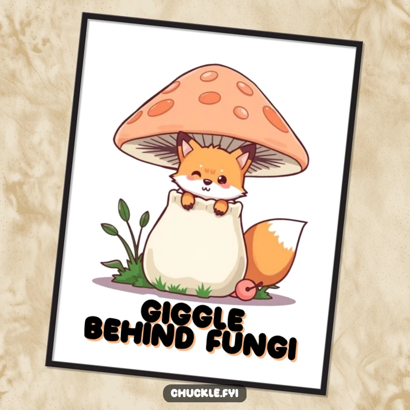 Funny Fox Digital Art Print of a playful fox peeking from behind a chuckling mushroom, whimsically humorous, instantly downloadable funny gift.